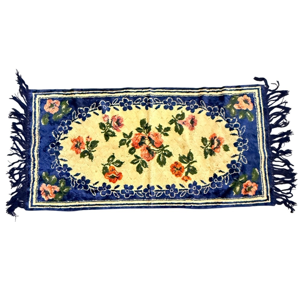 Vintage Floral Tapestry Accent Rug Fringed Rose Medallion Blue Cream 35x18.5